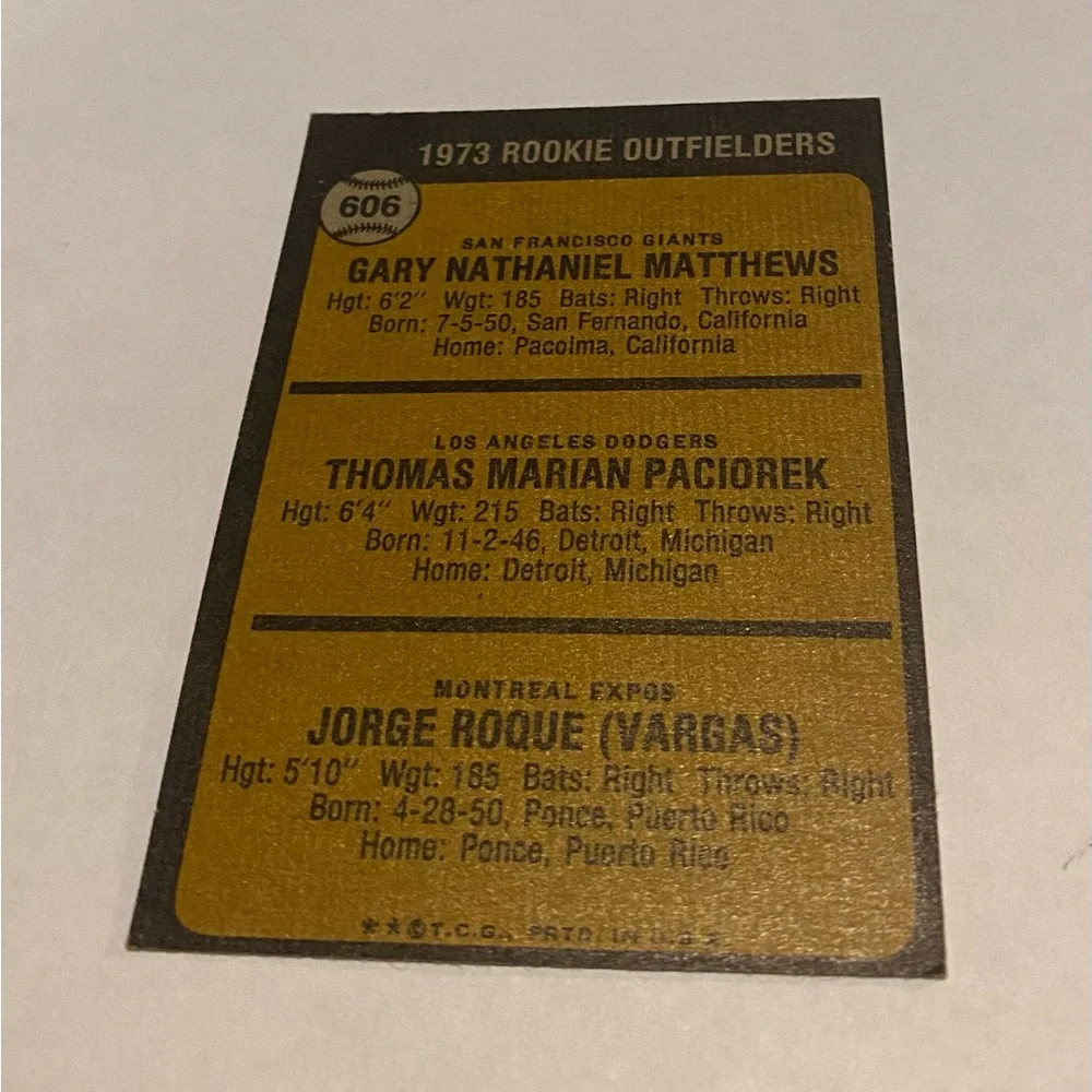 Gary Matthews/Tom Paciorek/Jorge Roque 1973 RC Rookie Topps Baseball Card